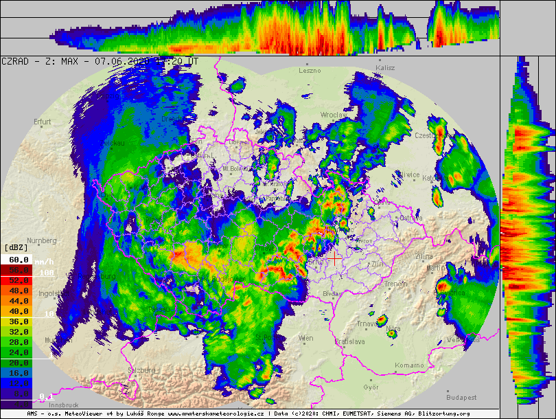 Radarový snímek ČHMÚ ze 7. 6. 2020, 17:20 UTC. Zdroj: ČHMÚ