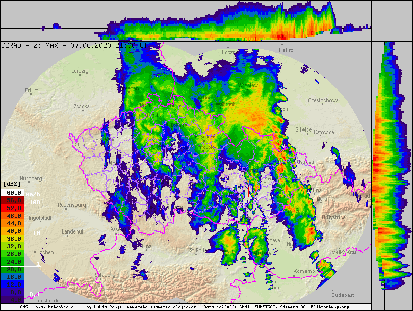 Radarový snímek ČHMÚ ze 7. 6. 2020, 21:00 UTC. Zdroj: ČHMÚ
